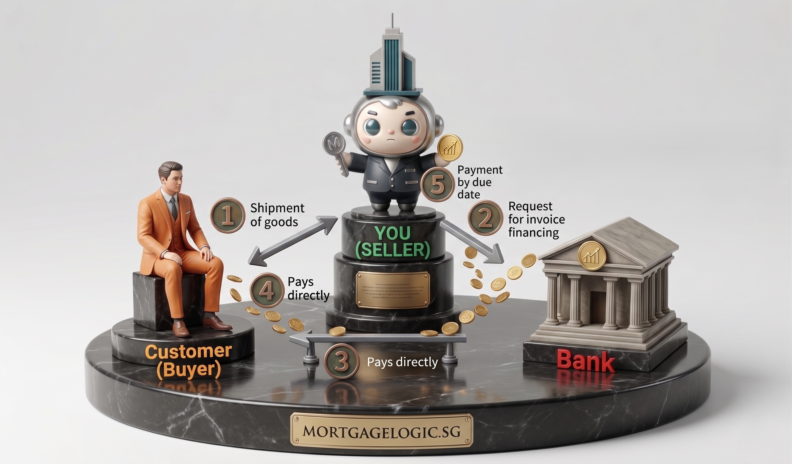Sales invoice financing trade cycle showing seller, customer, and bank payment flow